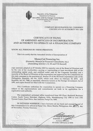 Moneycat certificate